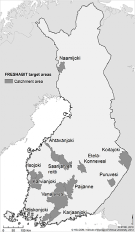 Kartta Freshabit -hankkeen osatoteutusalueista Suomessa