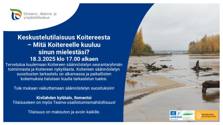 Mainos tilaisuudesta, jossa on kuva Koitereesta ja tilaisuuden tiedot.