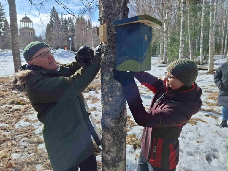 kaksi asentaa linnunpönttöä