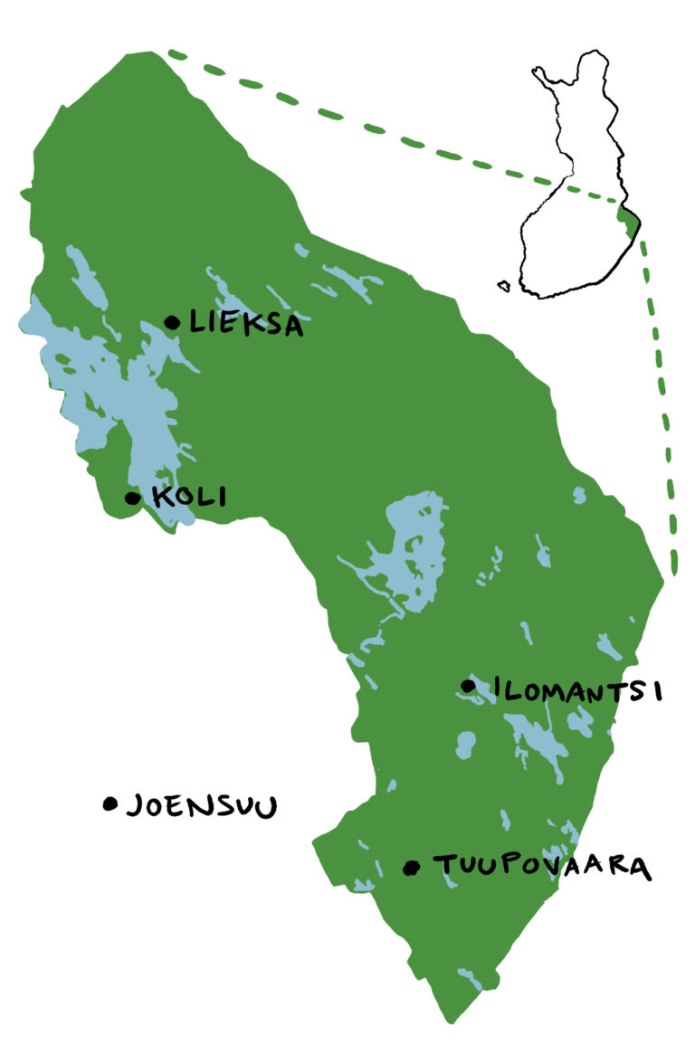 kartta, jossa näkyy Lieksa, Ilomantsi ja Tuupovaara