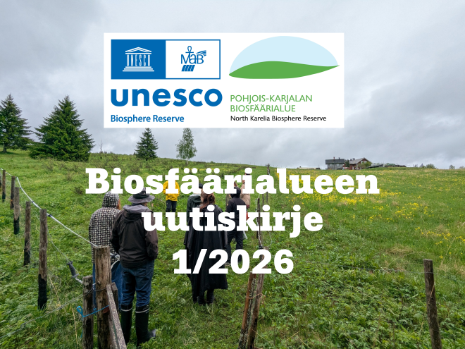 taustalla niitty, edessä teksti Biosfäärialueen uutiskirje 1/2026